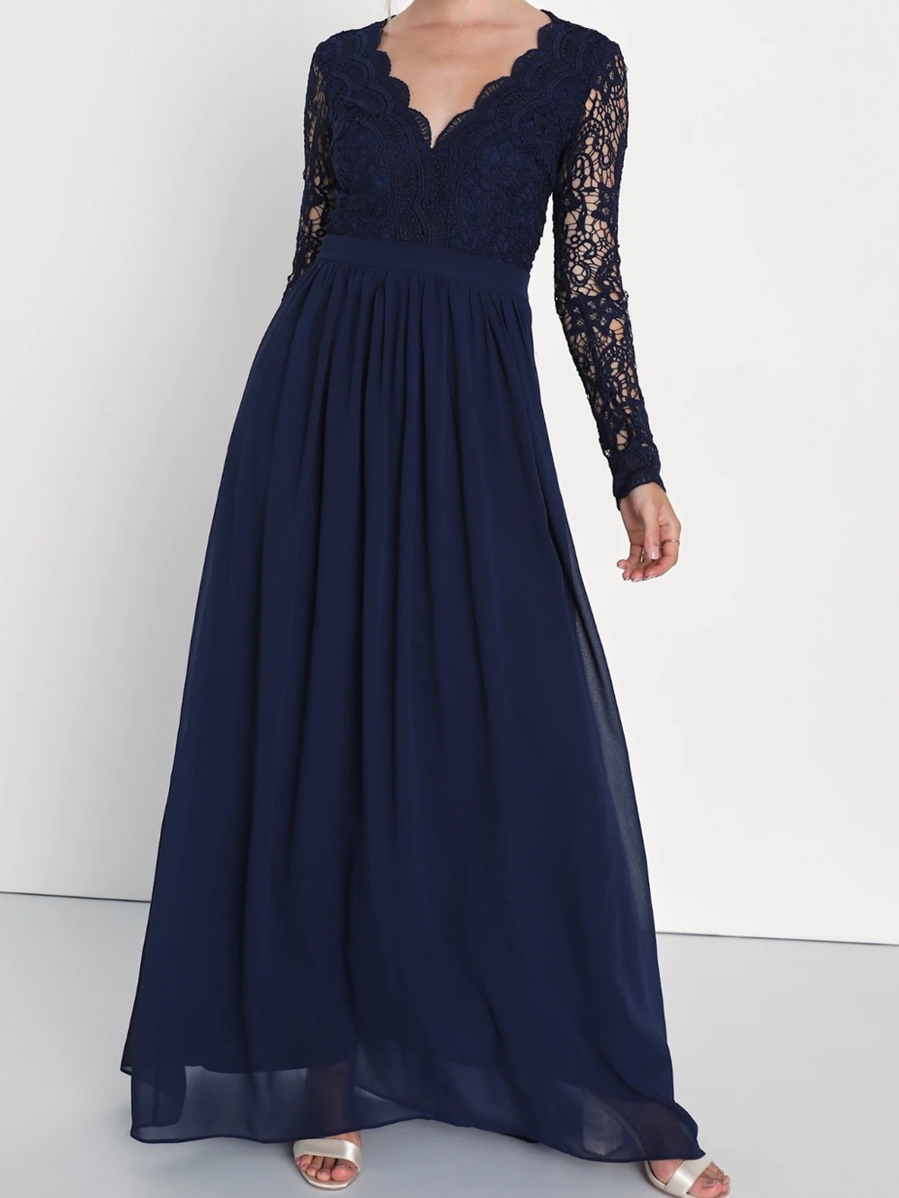 Lulus Awaken My Love Navy Blue Long Sleeve Lace Maxi Dress